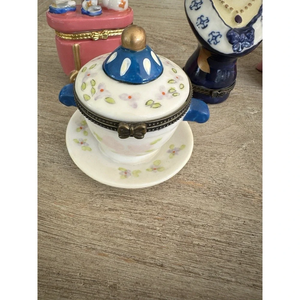 VTG Lot Of 4 Trinket Boxes - Unique Assortment Tea set, ladies chair and bust